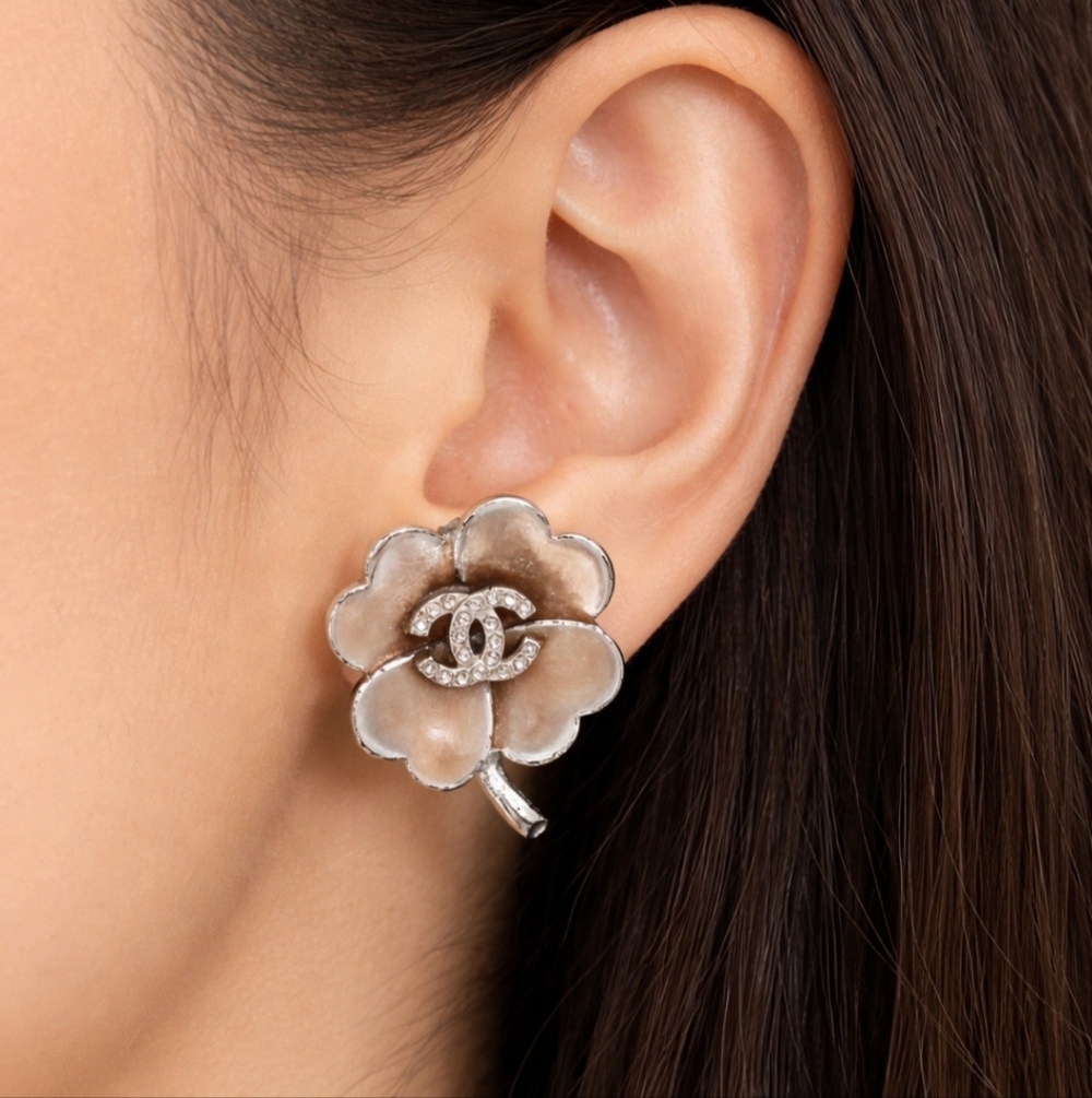Chanel Coco Mark Blush Pink Four Leaf Clover Crystal Earrings